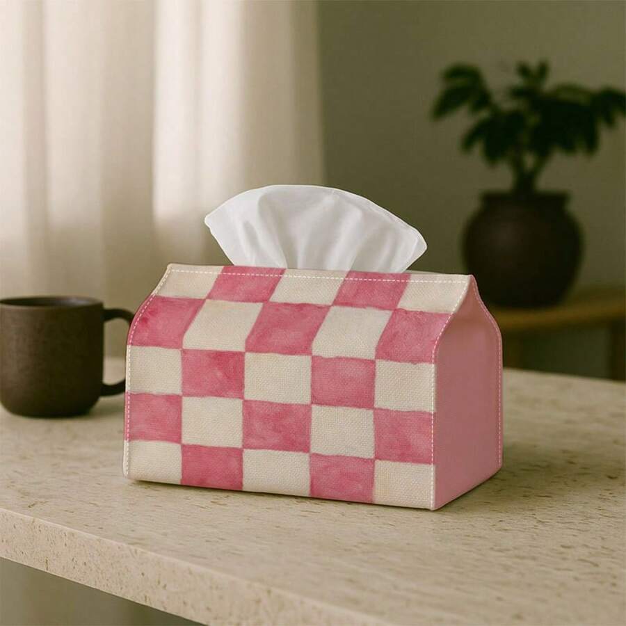 2D Flat Watercolor Pink & White Checkerboard Geometric Fabric Tissue Box Cover, Polyester Wear-Resistant Rectangular Tissue Storage Holder, Minimalist Fresh INS Style, Versatile Soft Decor For Living Room, Bedroom, Bathroom, Vanity, Car, Desktop Decoration