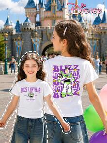 Disney Girls' Short-Sleeved T-Shirts With Toy Story Buzz Lightyear Print, Double-Image Design On The Front And Back, Suitable For Amusement Park Wear, School Casual Wear, And Fun Everyday Scenes. - 白色 - 查看 1