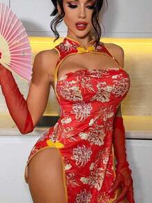 Fantasy Costume Sexy Series Printed Hollow Out Slit Women Lingerie Role Play Cherry Chinese Anime Cosplay Exotic Lingerie For Women Luvlette - 彩色 - 查看 1