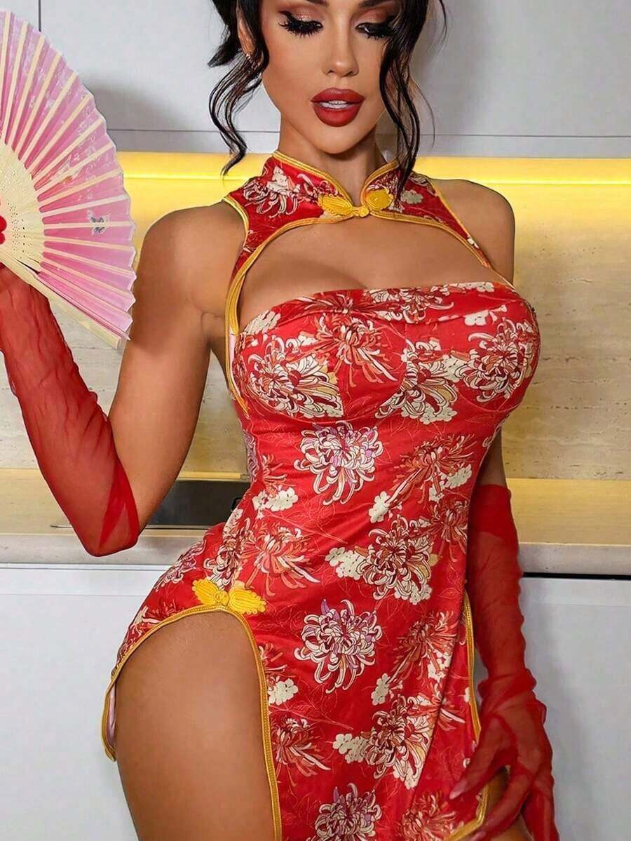 Fantasy Costume Sexy Series Printed Hollow Out Slit Women Lingerie Role Play Cherry Chinese Anime Cosplay Exotic Lingerie For Women Luvlette - 彩色 - 查看 1