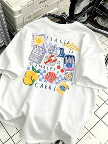 Amalfi Coast Pattern Casual Loose Short Sleeve T-Shirt White Summer - White - View 4
