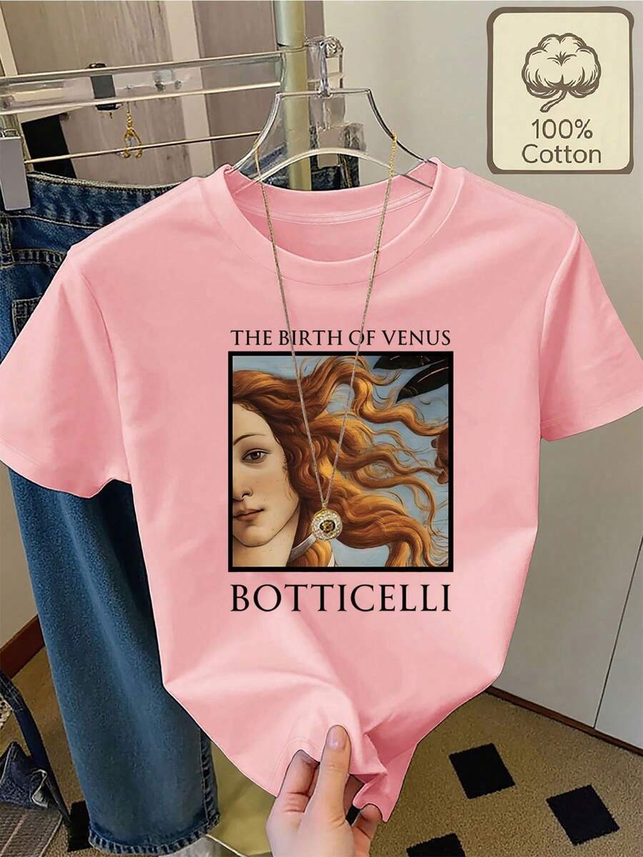 100% Pure Cotton T-Shirt Featuring Botticelli's Masterpiece "The Birth Of Venus", Round Neck, Short Sleeves, Summer Wear, Comfortable And Breathable For Everyday Casual Outfits, Women's Summer Clothing - 羅莎 - 查看 1