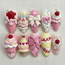 Handmade Nails Press On, Hard And Durable Nail Art, Pink Dessert Press Nails, 3D Cake Cherry Bow Nail Art, Kawaii Cute Birthday Nail Art, Handmade Reusable Style Nail Art Set Summer Nail Art/Applicable To 899 Regions - Màu Hồng baby - Xem 1