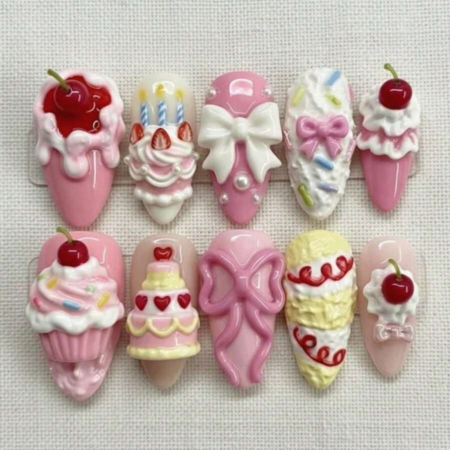 Handmade Nails Press On, Hard And Durable Nail Art, Pink Dessert Press Nails, 3D Cake Cherry Bow Nail Art, Kawaii Cute Birthday Nail Art, Handmade Reusable Style Nail Art Set Summer Nail Art/Applicable To 899 Regions - Màu Hồng baby - Xem 1