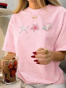 Women's Beach T-Shirt With Sea And Shell Print, Comfortable Cotton, Summer Look - 淺粉色 - 查看 1