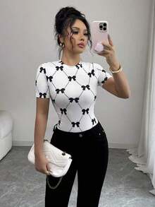 Camiseta de mujer de manga corta con estampado de moños, informal para el verano - Blanco - Ver 8