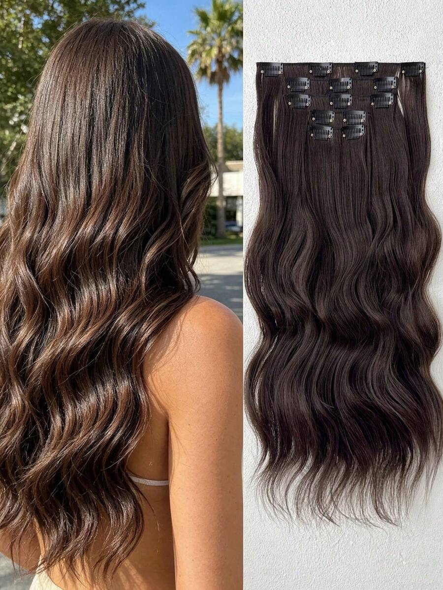 5pcs/Set 22-Inch Straight Synthetic Hair Extensions With 14 Clips, Black Hair Pieces For Women - Black Brown - View 1