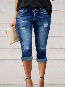 Plus Size Women's Cuffed Distressed Denim Jeans, Suitable For Work And Casual Occasions Summer - 藍色 - 查看 3
