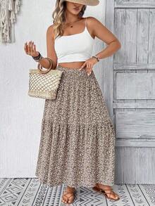 Plus Size Women Ditsy Floral Ruffle Hem Drawstring Waist Casual Midi Skirt, Suitable For Autumn Vacation Summer - Khaki - View 6