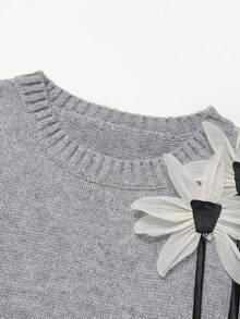 European & American Hot-Selling Style Plus Size Solid Color Floral Knit Vest Set, Elegant Youthful Knit Tank Top & Skirt Set, Minimalist Commuter Outfit Fall - Grey - View 3