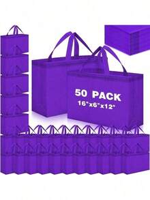 Reusable Grocery Bags Large Non Woven Shopping Bags With Handles Foldable Portable Tote Bulk, 16x6x12 Inch - 16x6x12 Inches + Dark Purple + 50 - View 1