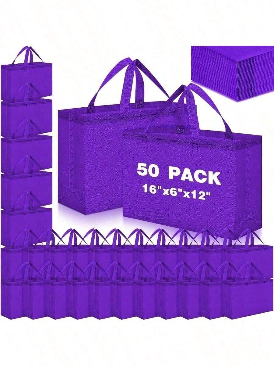 Reusable Grocery Bags Large Non Woven Shopping Bags With Handles Foldable Portable Tote Bulk, 16x6x12 Inch - 16x6x12 Inches + Dark Purple + 50 - View 1