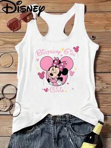 Disney Official Licensed Birthday Girl Minnie Mouse Customizable Tank Top For Women, Pink Balloon Graphic Tee, 100% Polyester Soft Casual Racerback Vest - White - View 2