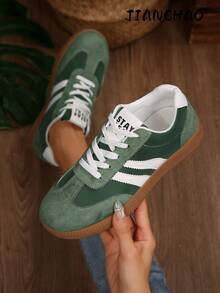 Women's Green & White Contrast Color Casual Sneakers, Low-Top Rubber Sole Comfortable Everyday Commute Shoes - Green - View 2