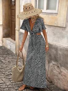 xheBrillora Vestido de vacaciones casual, elegante y romántico con estampado y calado para mujerxhe - Blanco y Negro - Ver 4