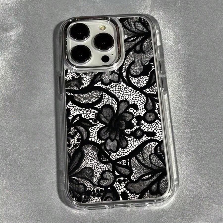1pc Black Lace Flower Textured Matte Anti-Fall TPU Fashionable Phone Protective Case Suitable For IPhone 16, 15, 14, 13, 12, 11, 17 Pro Max - Multicolor - View 1