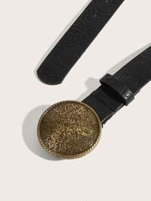 1pc Women's Retro Moon Circle Buckle Coffee Velvet Belt, Suitable For Daily Wear - Black - View 4