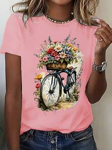 Women's Casual Short Sleeve T-Shirt - Geometric Print, Breathable Round Neck Summer Top, Lightweight Machine Washable Shirt, Comfortable And Easy Care Clothing, Vibrant Design, Comfortable Fit - 羅莎 - 查看 1
