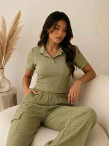 Conjunto Unicolor de Mujer Ligero Petite de Pantalón Pierna Ancha y Blusa juvenil de uso Diario Con Cintura Elastica - Verde - Ver 5