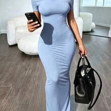 YijiaNvz  Solva Vestido corto de mujer de manga corta y hombros descubiertos de color café sólido - Azul - Ver 1