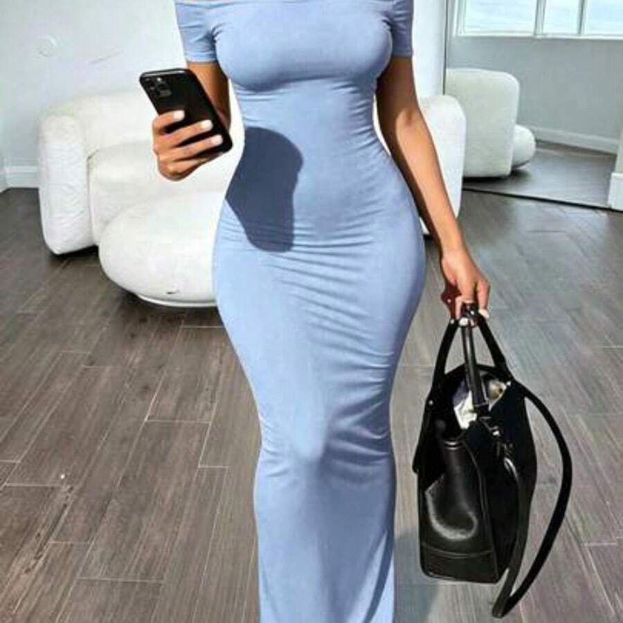 YijiaNvz Solva Vestido corto de mujer de manga corta y hombros descubiertos de color café sólido - Azul - Ver 1