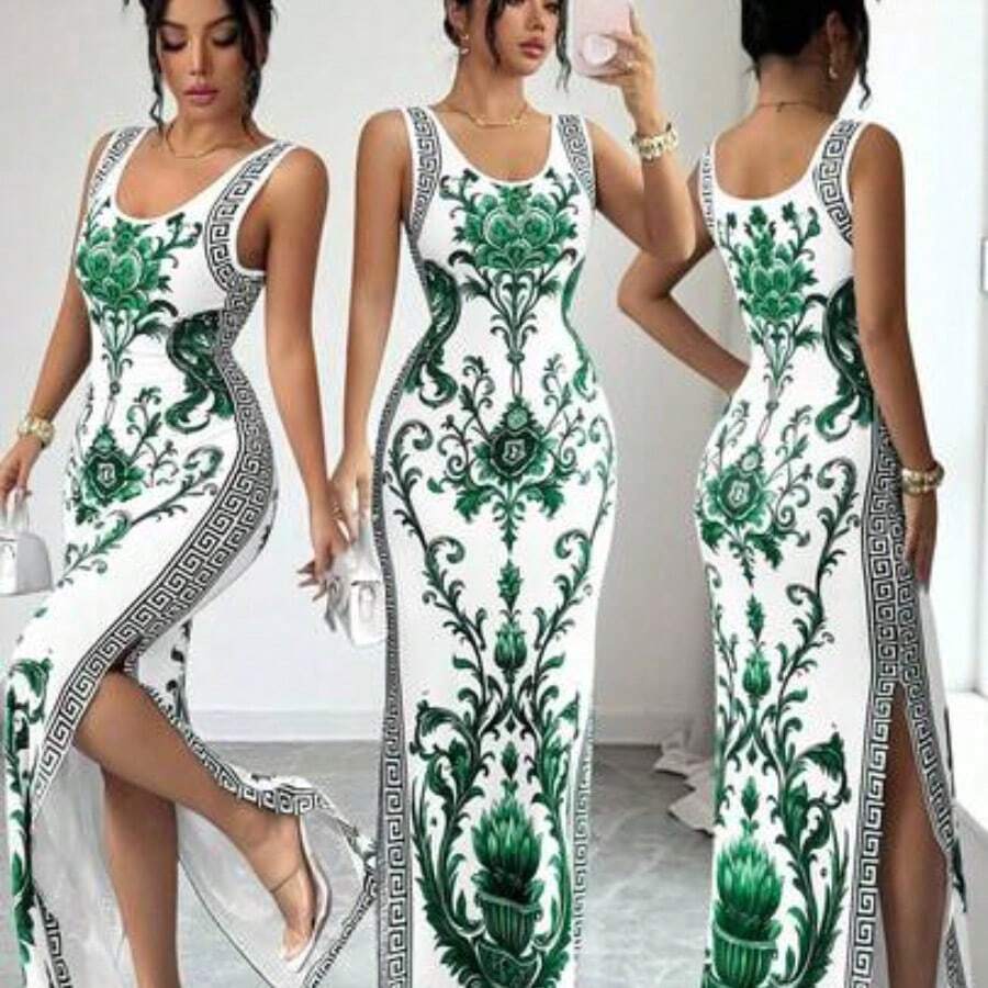 YijiaNvz Elenzya Exquisita bata retro de estilo lujoso del Medio Oriente y los Emiratos Árabes Unidos con estampado de chinoiserie, ajuste ceñido, multicolor y sin mangas - Multicolor - Ver 1