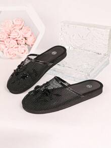 Women's Classic Retro Handmade Beaded & Floral Decoration Flat Sandals, Breathable Mesh, Lightweight & Soft Indoor Slippers, Bohemian Style Fashion Sandals - 黑色 - 查看 3