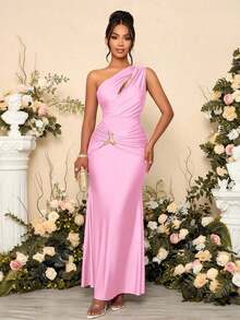 xheSOLERSUN Vestido largo de mujer tipo maxi, de unicolor, de silueta ajustada, con cuello asimétrico hueco y decorado con metalxhe - Rosa - Ver 3