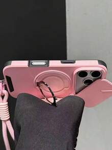 1pc Shock-Absorbing Phone Case With Rotating Ring Holder And Sliding Camera Cover, Compatible With IPhone 17/16/15/14/13/Pro Max Series, Durable Soft Protective Shell - Pink + Lanyard - View 5