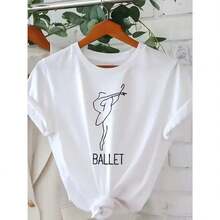 Camiseta gráfica elegante con temática de ballet para mujer, pantalón corto informal de manga con cuello redondo y diseño de figura de baile, camiseta de bailarina de ballet - Blanco - Ver 1