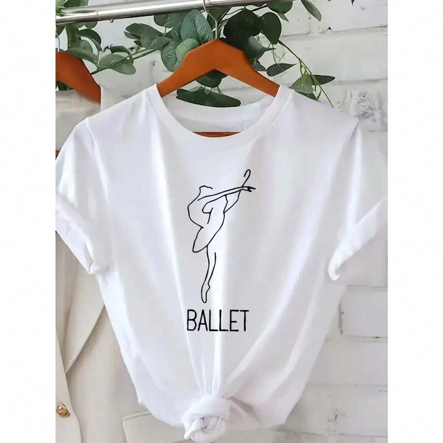 Camiseta gráfica elegante con temática de ballet para mujer, pantalón corto informal de manga con cuello redondo y diseño de figura de baile, camiseta de bailarina de ballet - Blanco - Ver 1