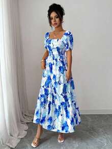 Vestido de mujer con diseño de mangas de pétalo, cuello cuadrado y cintura ceñida con estampado - Azul y blanco - Ver 5