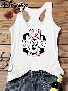 Disney Official Licensed Minnie Mouse Winking Peace Sign Tank Top For Women, Cute Polka Dot Bow Graphic Tee, 100% Polyester Soft Casual Racerback Vest - White - View 2