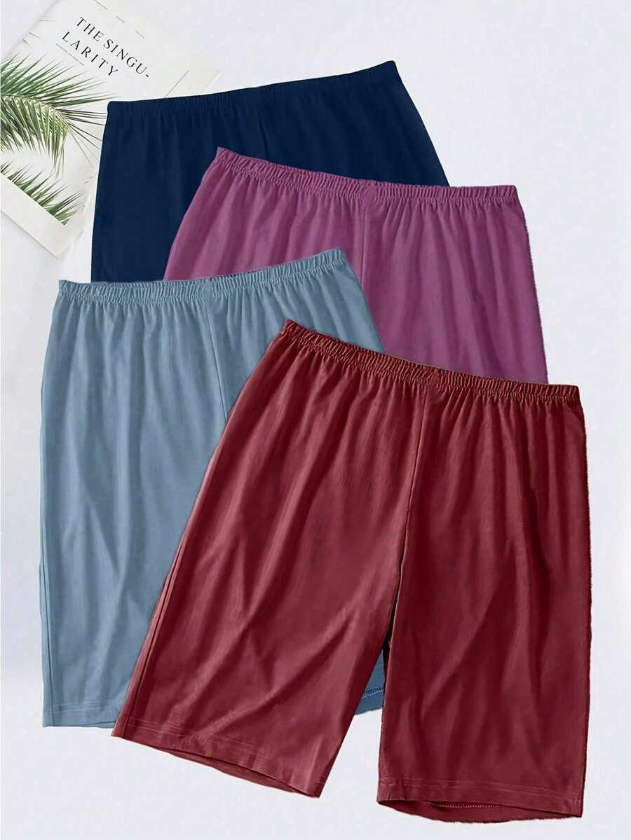 4pcs Plus Size Women Casual Pajama Shorts, Solid Color Elastic Waistband Soft & Comfortable Lounge Shorts - Multicolor - View 1