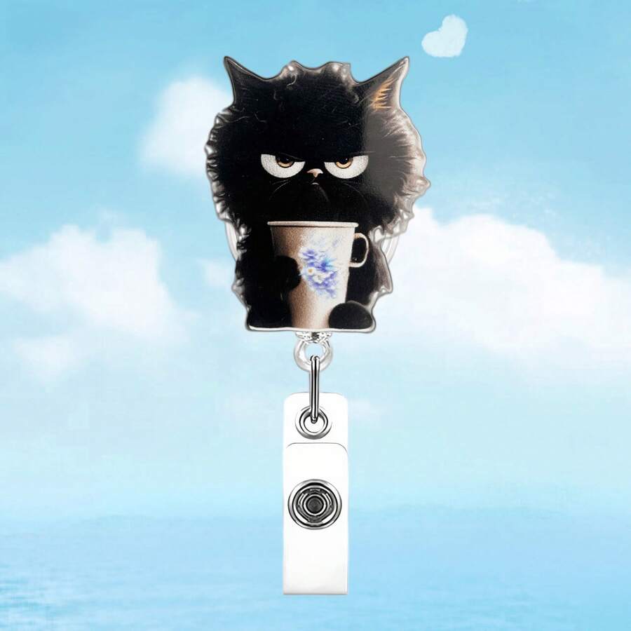 1pc Get Coffee Black Cat Badge Reel Retractable Badge Holder Clip With Swivel Alligator Clip For - Multicolor - View 1