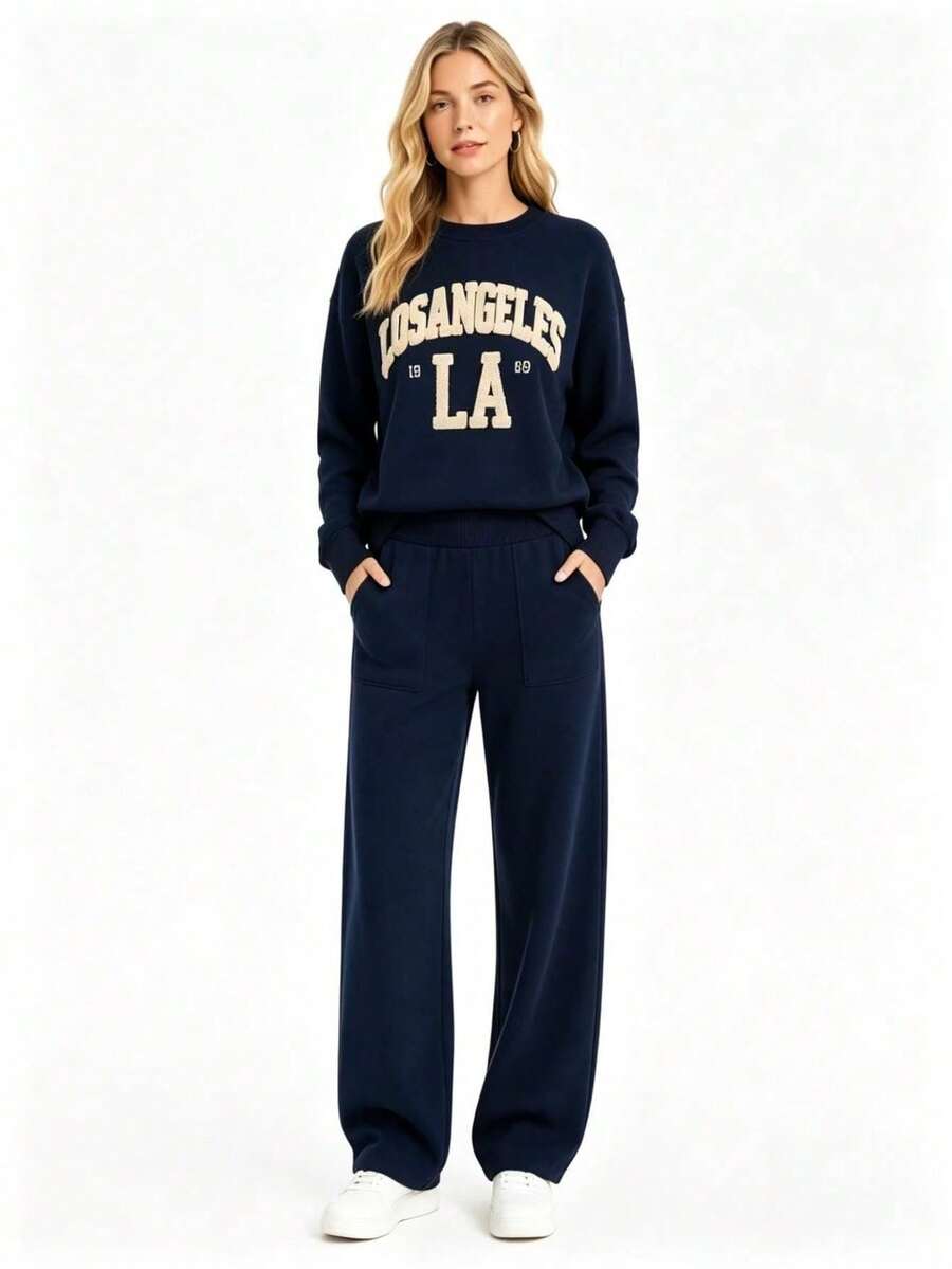 "Los Angeles" Sweatshirt And Pants Set - Casual & Comfortable - 藏蓝色 - 查看 1