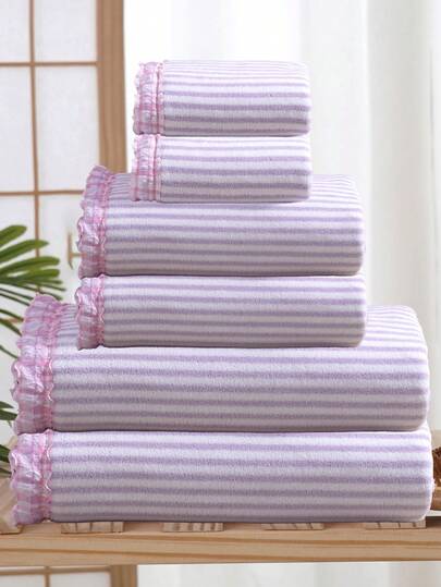 QIBHI 3/2/1pc Elegant Coral Fleece Absorbent Ruffle Trim Fresh Striped Bath Towel/Hand Towel, Soft Quick-Dry Washcloth, Beach Towel, Super Absorbent Microfiber Suitable For Bathroom, Hotel, Gym, Travel, Gift, Salon, Sports, Outdoor, Beach, School, Back To School, Travel Accessories, Home Essentials