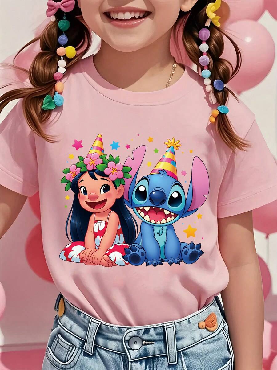 Disney Stitch Lilo And Angel Printed Pattern T-Shirts For Girls - Children's Clothing Design Short-Sleeved Casual And Cute Style Comfortable And Casual Wear All Year Round Suitable For Parties And Play Machine Washable Gift Children's Clothing Girls' Short-Sleeved Shirts - 粉色 - 查看 1