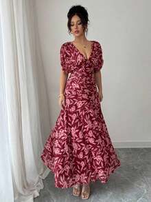Vestido elegante de estilo francés para vacaciones, con cuello en V, hombros descubiertos, drapeado y silueta evasé, adecuado para la playa, elé de la tarde y fiestas - Burdeos - Ver 5