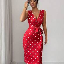 YijiaNvz  Elegante vestido de lunares con volantes y cintura anudada de longitud media para mujer, casual diario, fiesta, vacaciones, adecuado para el Día de San Valentín, boda, vestido rojo de moda - Amarillo - Ver 6