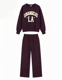 "Los Angeles" Sweatshirt And Pants Set - Casual & Comfortable - 酒紅色 - 查看 2
