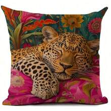 1pc Jungle - Leopard Print Theme Decorative Pillow Cover, With Tropical Floral Elements, Suitable For All Seasons (Pillow Insert Not Included) - Multicolor - View 12