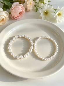 2pcs Faux Pearl Bracelet Set, Elegant Versatile Faux Pearl Beaded Bracelet, Cute Boho Style Jewelry For Girls, Adjustable Elastic Bracelet, Bridesmaid Party Gift, Suitable For Women And Girls, Suitable For Any Occasion - White - View 2
