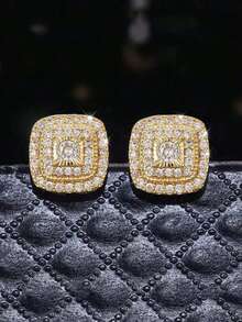 2 Pairs Retro Square Rhinestone Studded Hip Hop Style Earrings, Fashionable & Delicate Unisex Daily Wear Earrings - Square - View 8