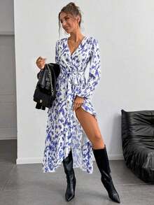 xheBreezaya Vestido largo estampado con mangas de farol, bajo con volantes y cinturón para mujerxhe - Azul y blanco - Ver 5