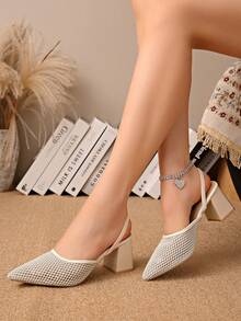 New Chinese Style White High Heel Mules, Pointed Toe Lace Embroidery Convertible Sandals For Women - Beige - View 4
