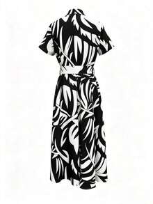 Vestido de mujer con estampado floral bohemio y nudo delantero, de manga corta y abotonado, adecuado para la playa y elegante - Blanco y Negro - Ver 2