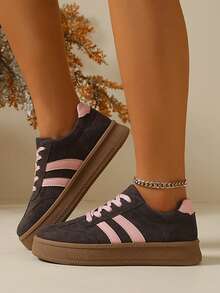 2026 New Color Block Patchwork Preppy Style Athletic Fabric Lace-Up Casual Versatile Women Sneakers, Suitable For Outdoor Spring/Summer - Grey - View 3