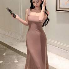 guang zhou mi qian shang mao  Vestido elegante de unicolor con hombros descubiertos y malla hasta la pantorrilla para mujer, vestido de fiesta, vestido de verano, vestido largo - Rosa - Ver 2