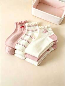 1/5 Pairs Women's Cherry Wood Ear Pink Short Socks, Cute Sweet Breathable Low-Cut Socks, Versatile For Daily Wear, Suitable For All Seasons - Multicolor - View 2